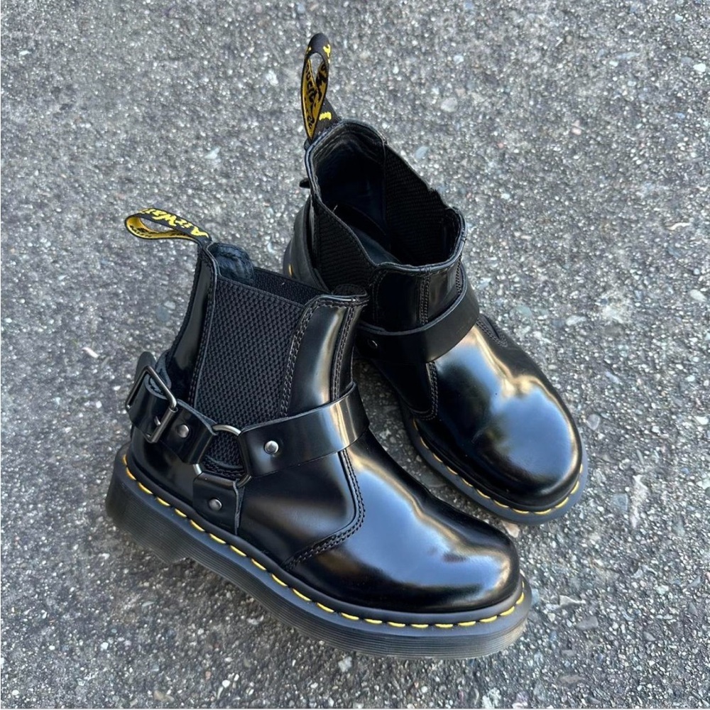 Dr. Martens Black Leather Boots with Yellow Stitching